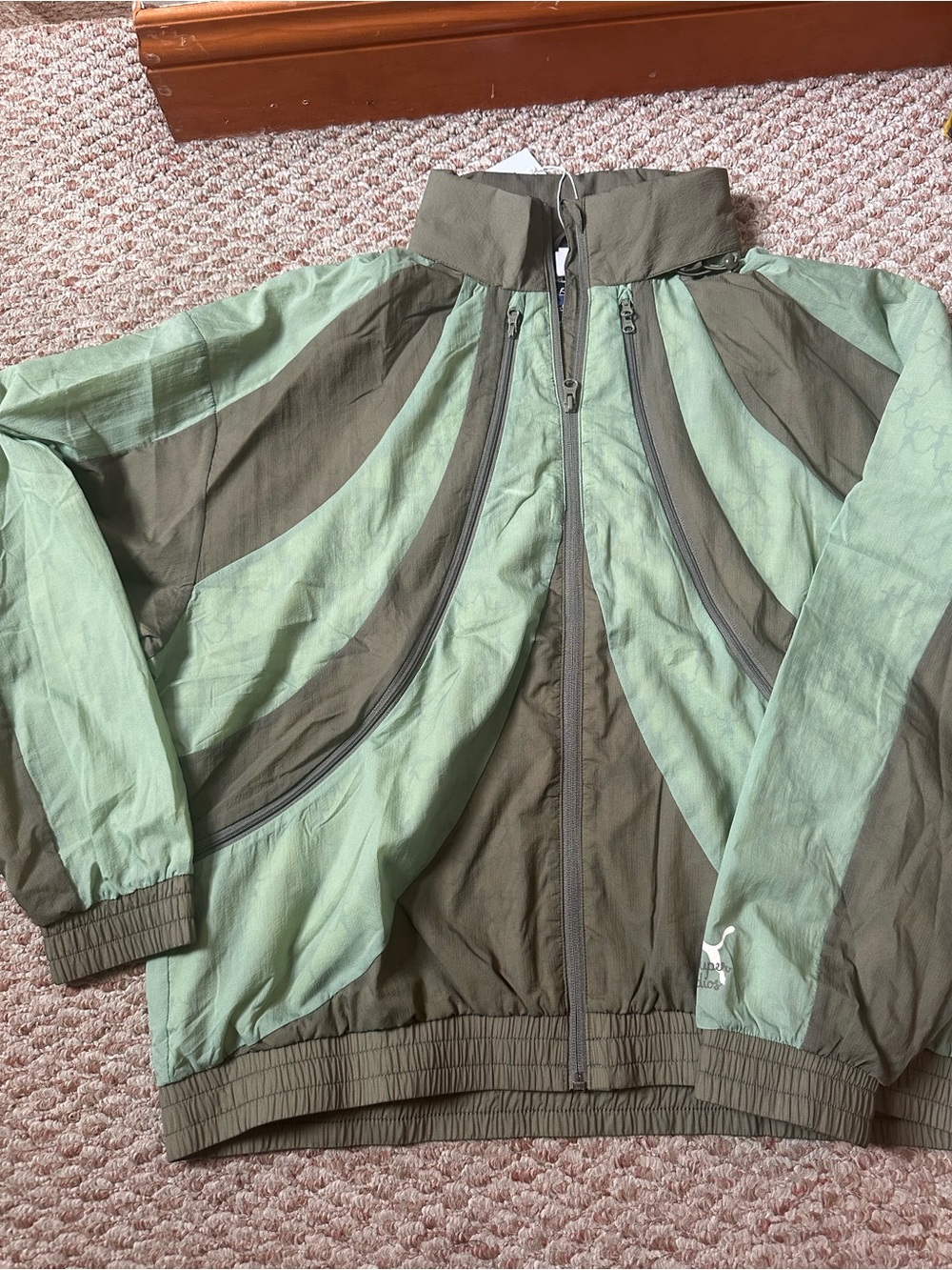 Puma x KidSuper Men's Two-Tone Olive Green Track Bomber Jacket
